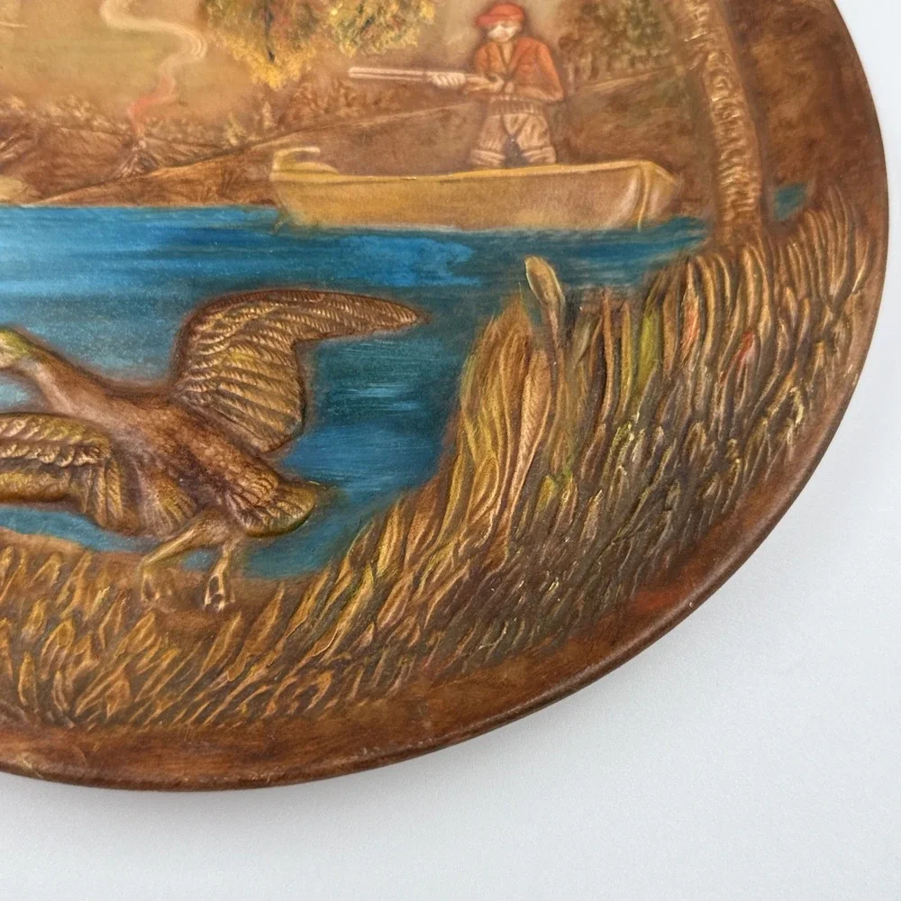 Vintage 1970 Duck Hunter in Boat Painted Plate